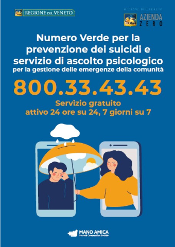 Numero Verde Regione Veneto per la prevenzione dei suicidi e servizio di ascolto psicologico 800.33.43.43